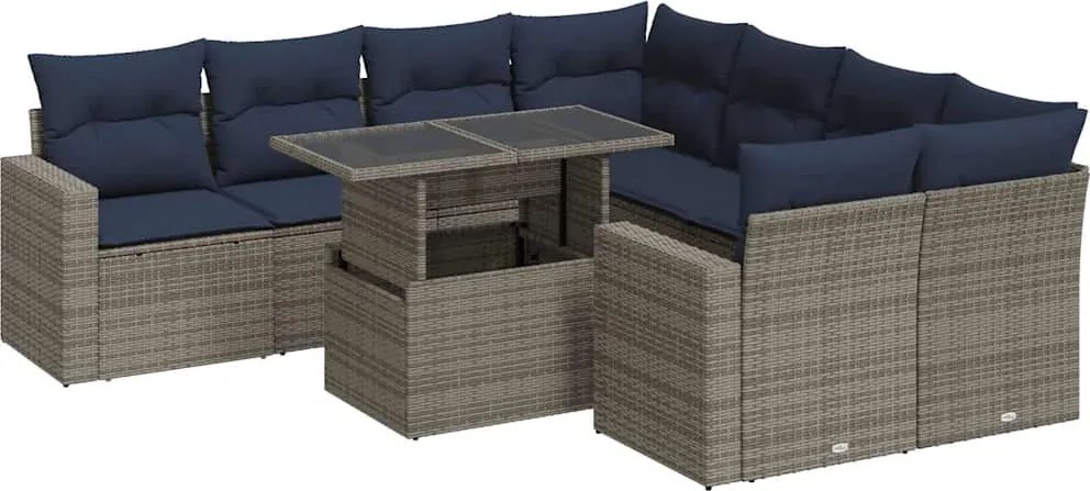 vidaXL 9 részes szürke polyrattan akácfa kerti ülőgarnitúra párnákkal