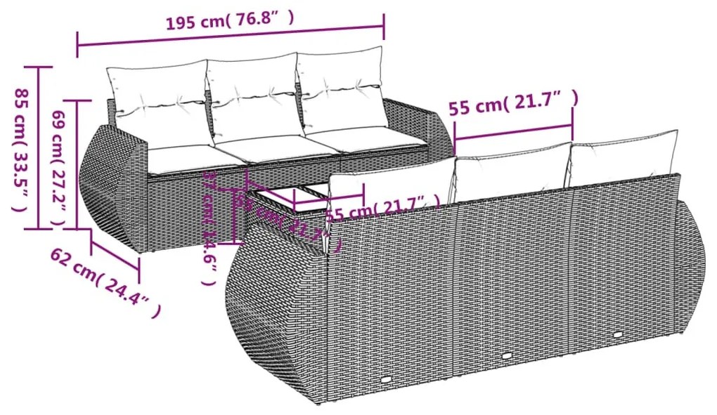 7 részes világosszürke polyrattan kerti ülőgarnitúra párnákkal