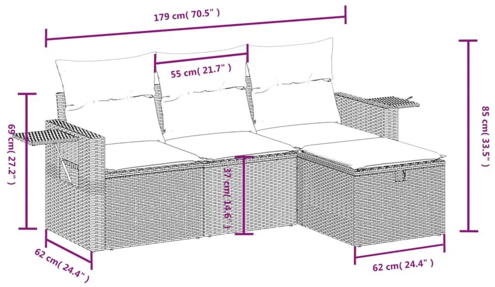 4 részes fekete polyrattan kerti ülőgarnitúra párnákkal