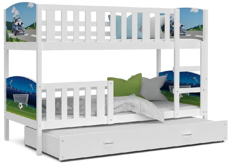 DOBBY 3 COLOR emeletes ágy kétoldali mintával + AJÁNDÉK matrac + ágyrács, 190x80 cm, fehér/alsó minta 08, felső 04