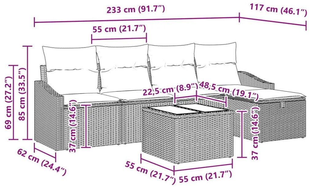 6 részes kert kanapé szett párnákkal barna poli rattan