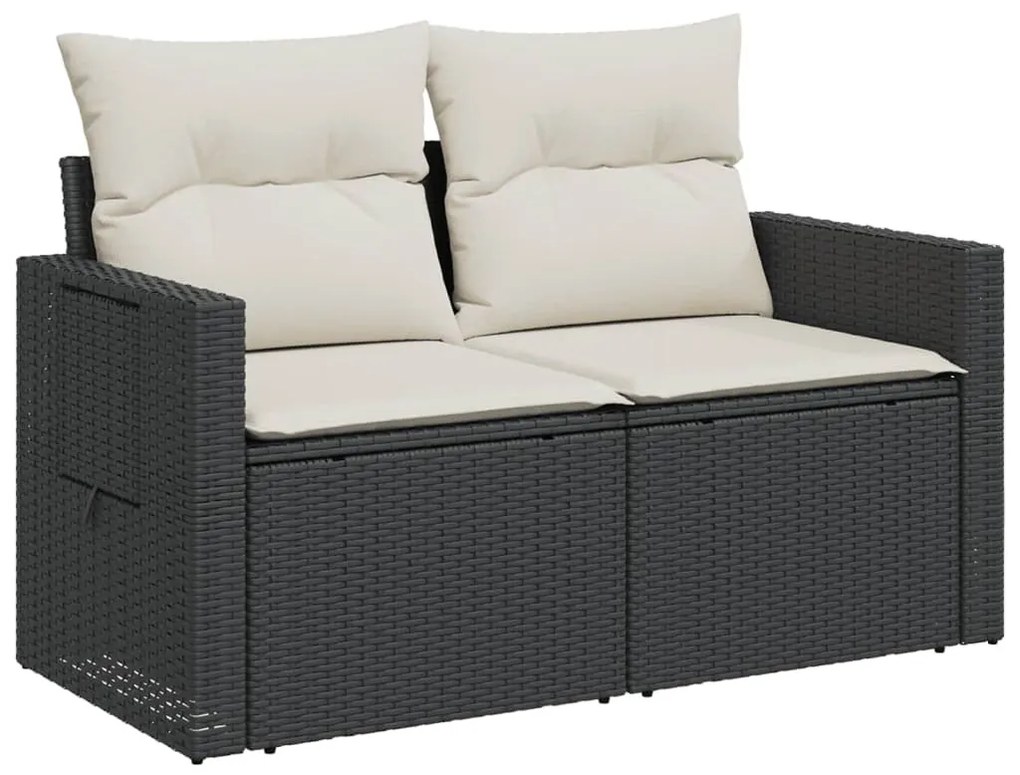 2 személyes fekete polyrattan kerti kanapé párnával