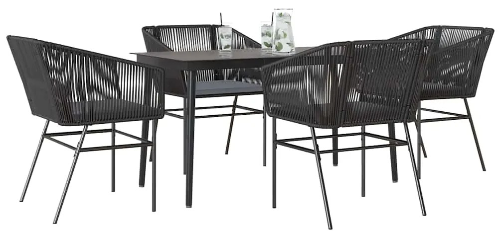 vidaXL 5 részes fekete polyrattan üveg kerti étkezőgarnitúra párnákkal