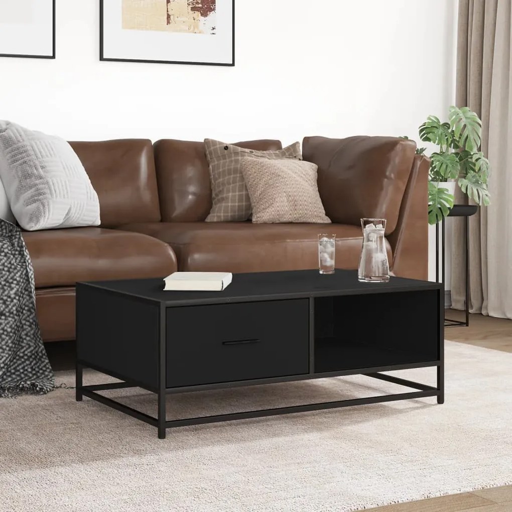 Fekete szerelt fa és fém dohányzóasztal 90 x 57 x 35 cm