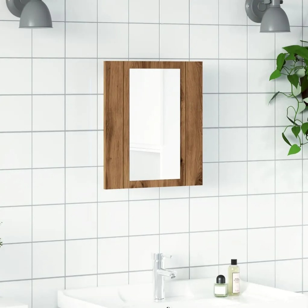 kézműves tölgy szerelt fa tükrös szekrény LED-del 40x12x45 cm