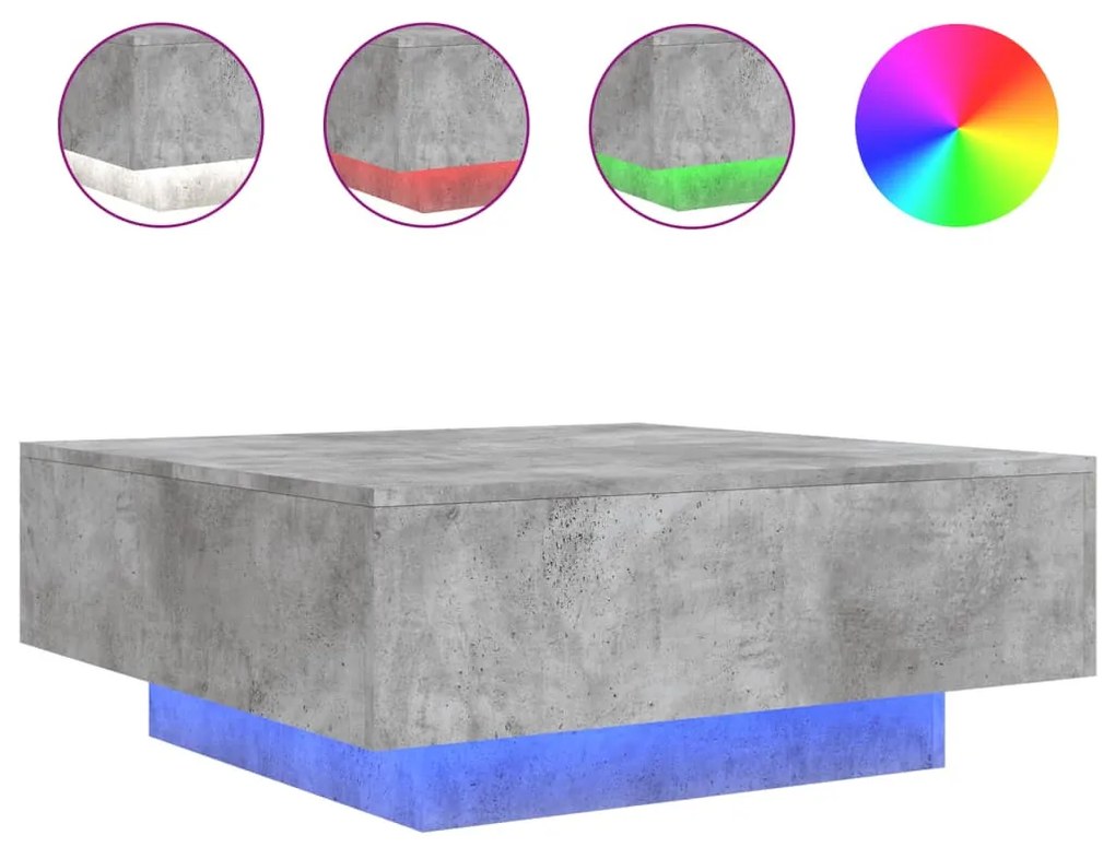 betonszürke dohányzóasztal LED-lámpákkal 80 x 8 0x 31 cm