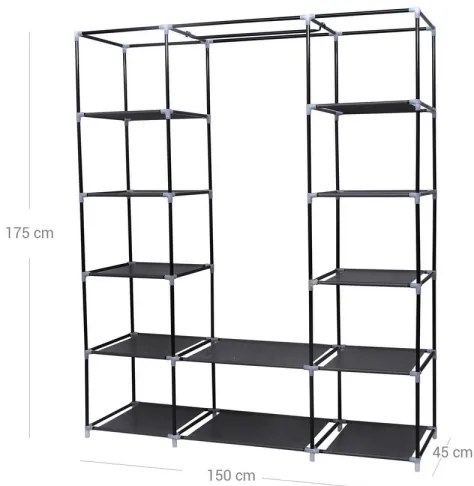 MATIS 150x175 cm fekete textilszekrény polcokkal és ruhatartó rúddal