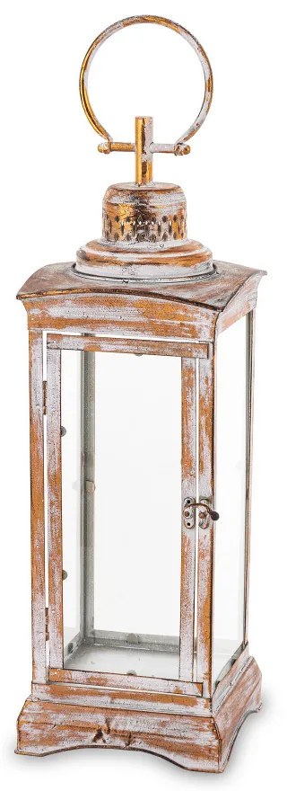 Vintage koptatott barna-krém üvegezett fém mécsestartó lantern lámpás akasztóval 66x19x19cm