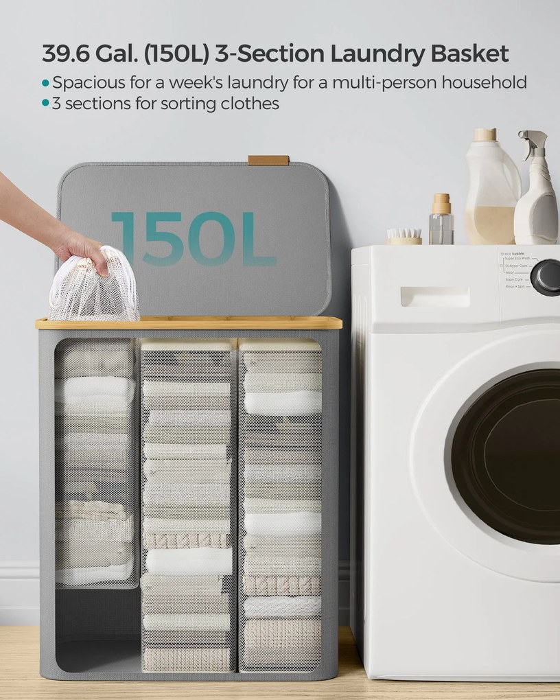 Fedeles, 3 rekeszes mosókosár, 150L, levehető bélés, összecsukható, galambszürke