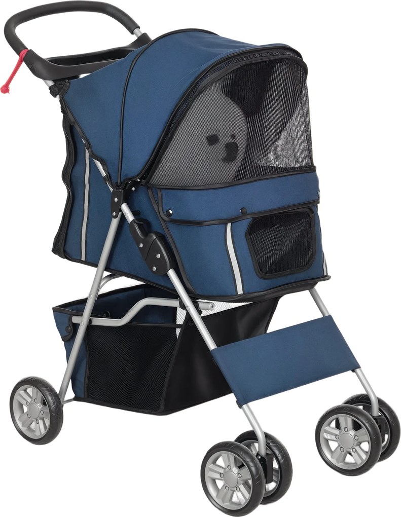 PawHut Összecsukható Kisállat Babakocsi Kutyák Számára Állítható Napernyővel, Alsó Kosárral, Hálóablakokkal, Pohártartókkal és Kerekekkel - 15 kg tehe