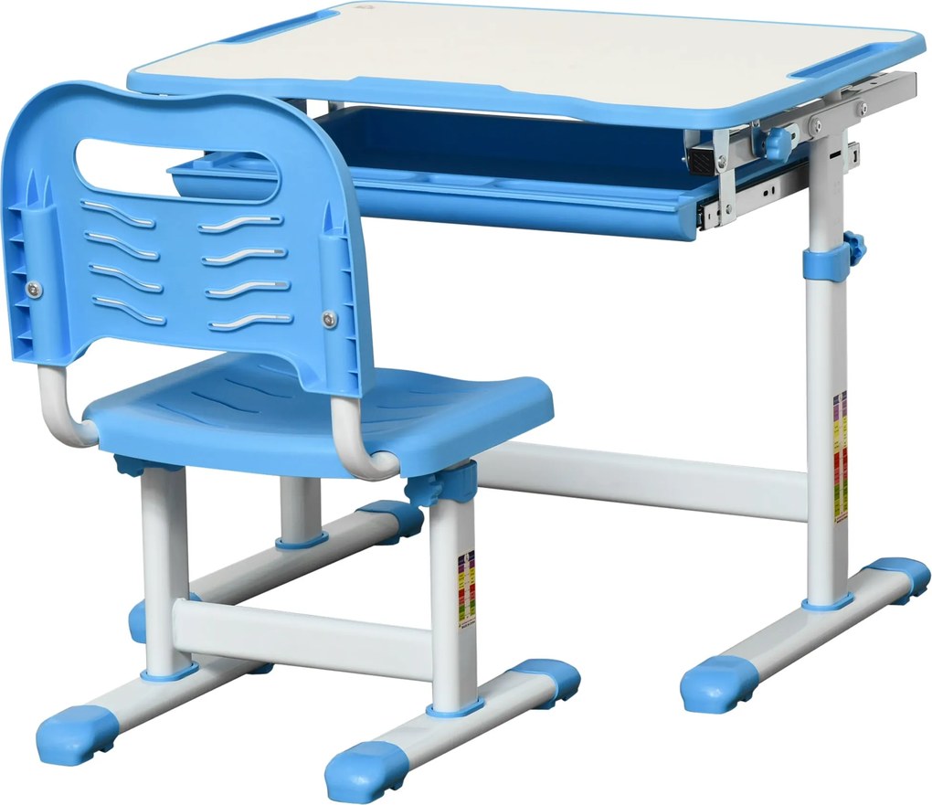 HOMCOM Gyerek Íróasztal és Szék Szett 2 az 1-ben Íróasztal és Szék 6+ Éves Gyermekek Számára Magasságállítható Asztallappal és Csúszó Tálcával, 66x47x