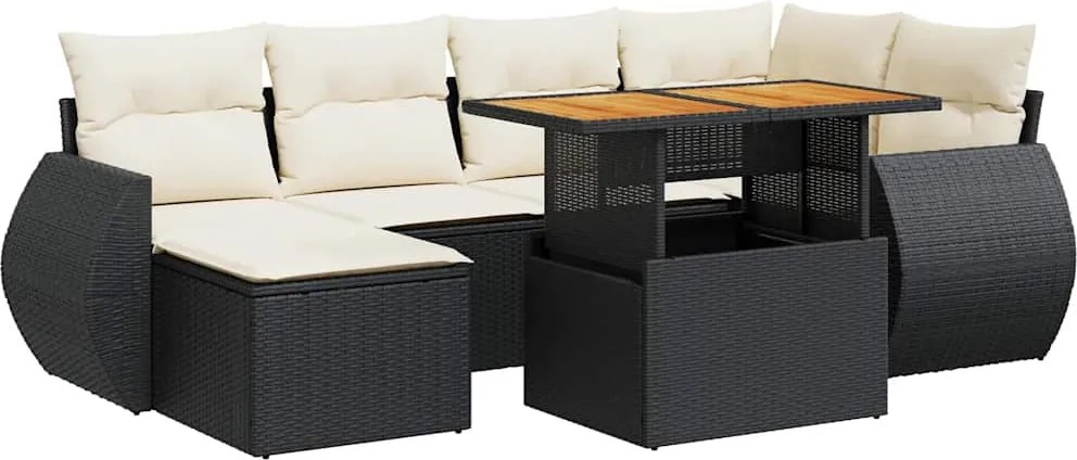 vidaXL 7 részes fekete polyrattan kerti ülőgarnitúra párnával