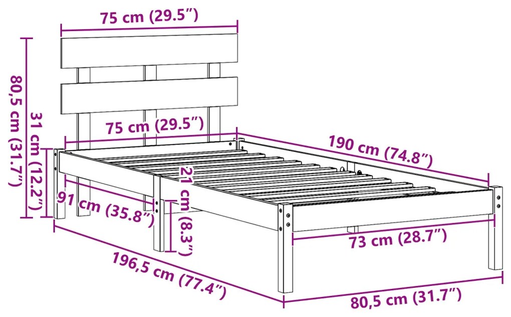 ágykeret fejtámlával gyantázott barna 75x190 cm tömör fenyő