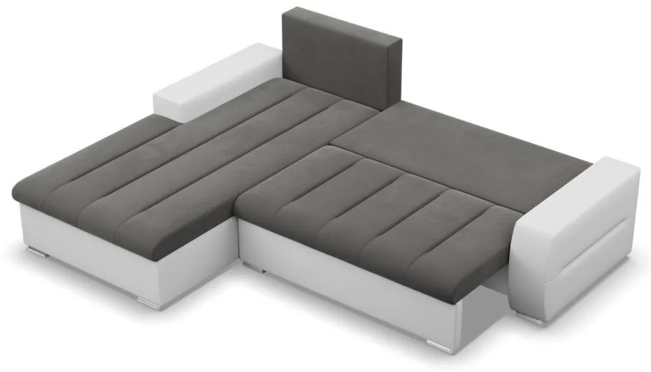 Toronto sarokkanapé, 2 ágyneműtartóval, bársony + műbőr, baloldali, szürke - fehér