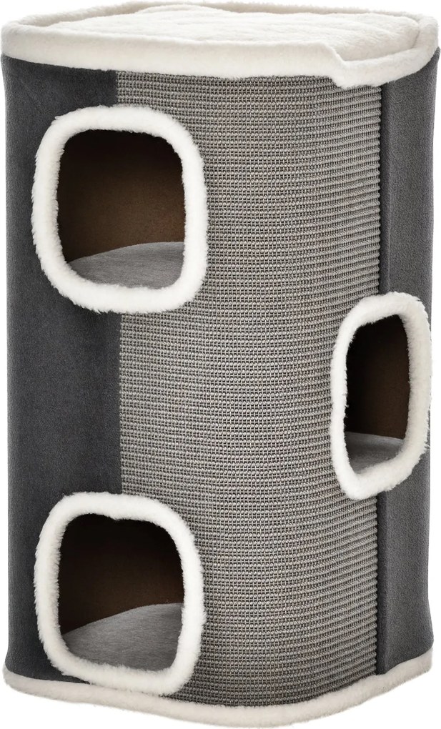 PawHut Kaparó Henger 74 cm Magas háromszintes macska henger párnával, plüss szélekkel, macska búvóhely, kaparófa kis macskáknak, Szürke+Fehér | Aosom