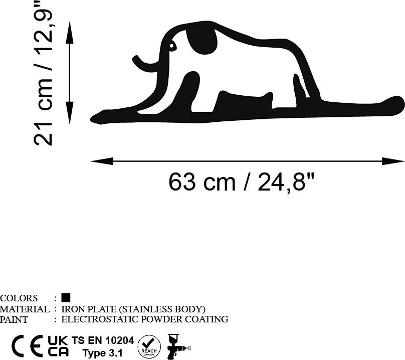Elephant fém fali dekoráció, 63×21 cm