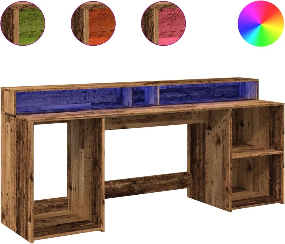 vidaXL antik fa színű szerelt fa íróasztal LED-ekkel 200 x 55 x 91 cm