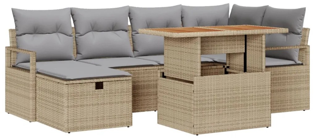 7 Darabos Kerti Sofa Készlet Párnákkal Bézs Poli Rattan, 2 Személyes Kerti Sofa Párnákkal Bézs Poli Rattan