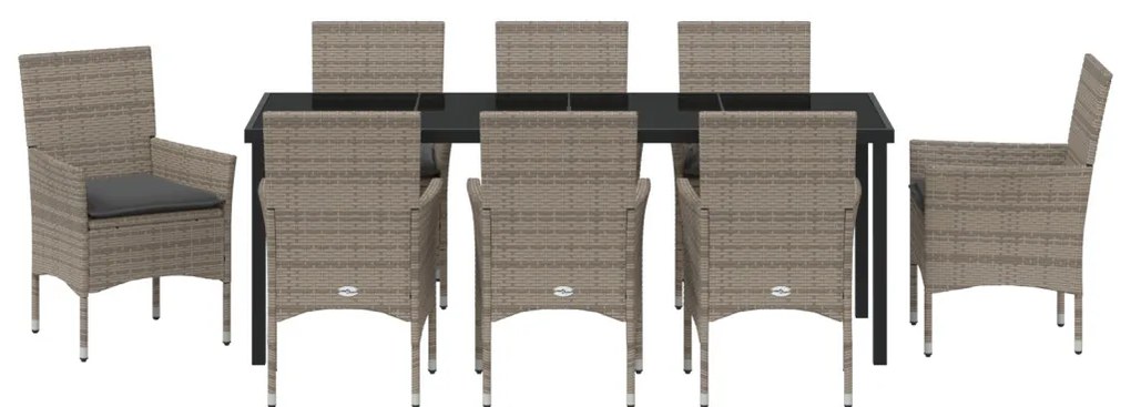 9 Fős Kerti Étkezőgarnitúra Párnákkal Szürke Poli Rattan, Kerti Asztal Fekete 200x80x73 cm Edzett Üveg