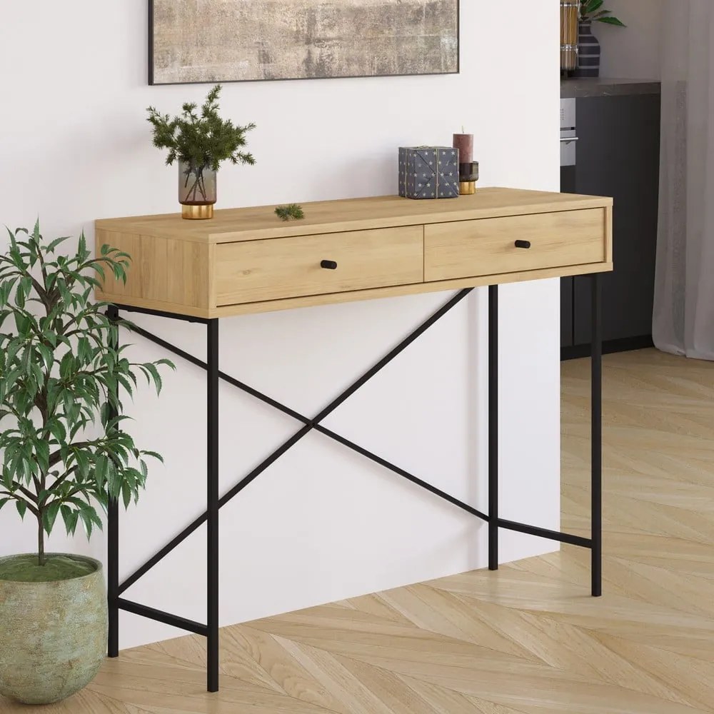 Natúr színű konzolasztal tölgyfa dekoros asztallappal 35x110 cm Titan – Marckeric