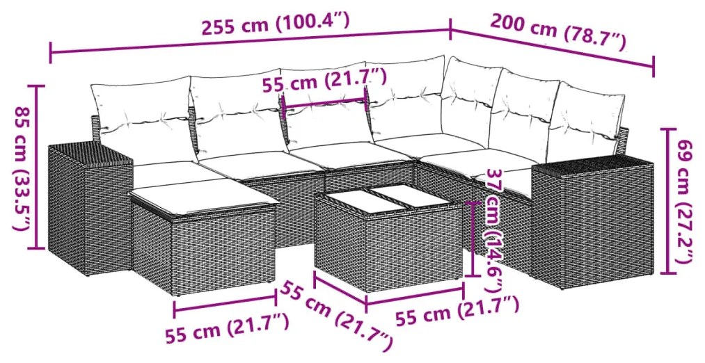 8 részes fekete polyrattan kerti ülőgarnitúra párnákkal