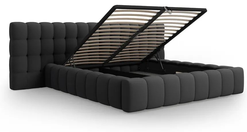 Fekete kárpitozott ágyneműtartós franciaágy ágyráccsal 200x200 cm Mamaia – Micadoni Home