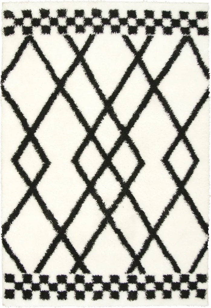 60x100 cm Bolyhos Világos Szőnyeg Shaggy Boho Krém Fekete Rombusz Vonalak