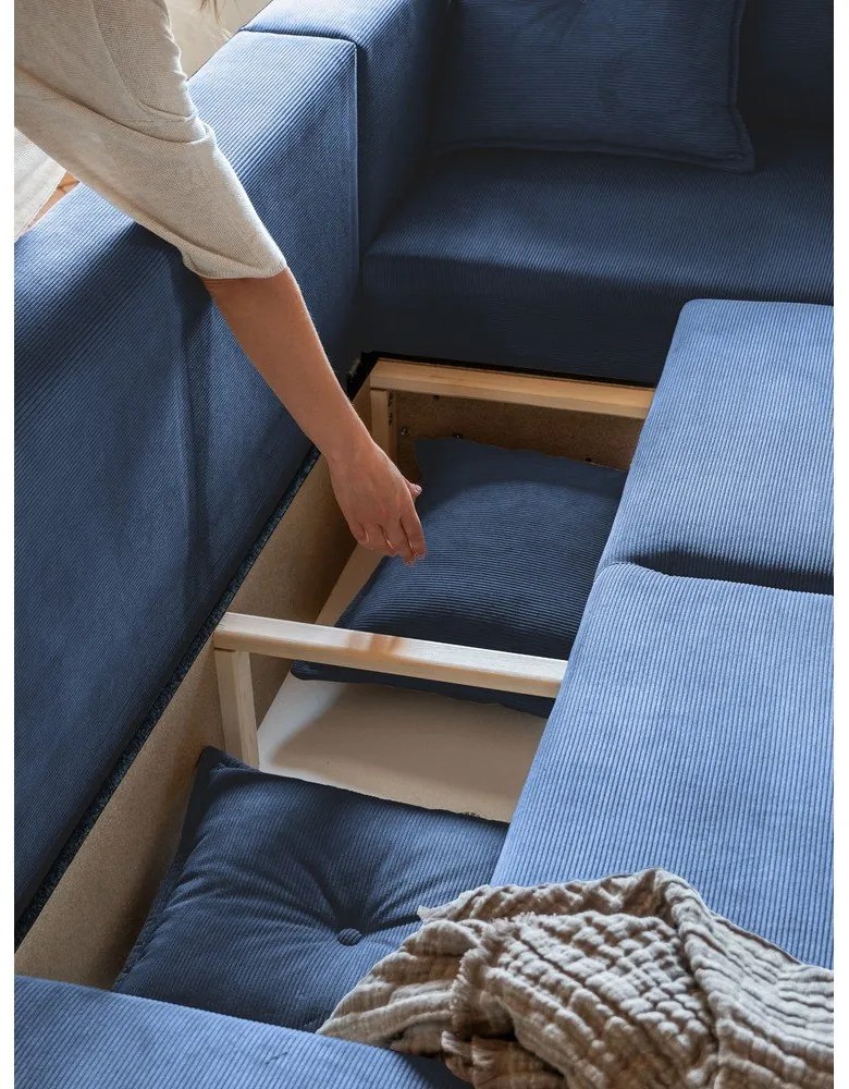 Sötétkék kordbársony kinyitható sarokkanapé (jobb oldali) Lazy Lukka – Miuform