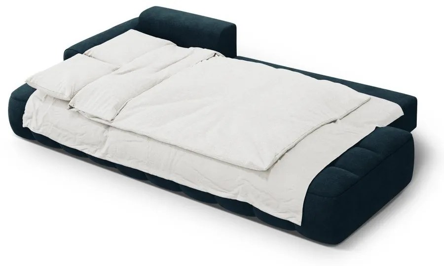 Petróleum színű bársony kinyitható-tárolóhelyes sarokkanapé (bal oldali-heverő résszel) Linz – Cosmopolitan Design