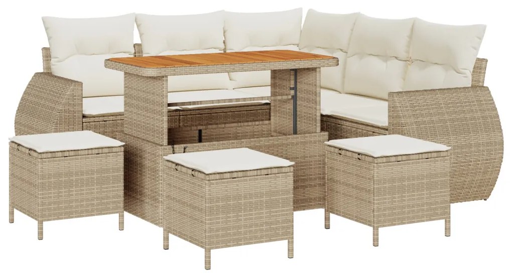 9 Részes Kert Sofa Szett Párnákkal Bézs Poli Rattan Akác