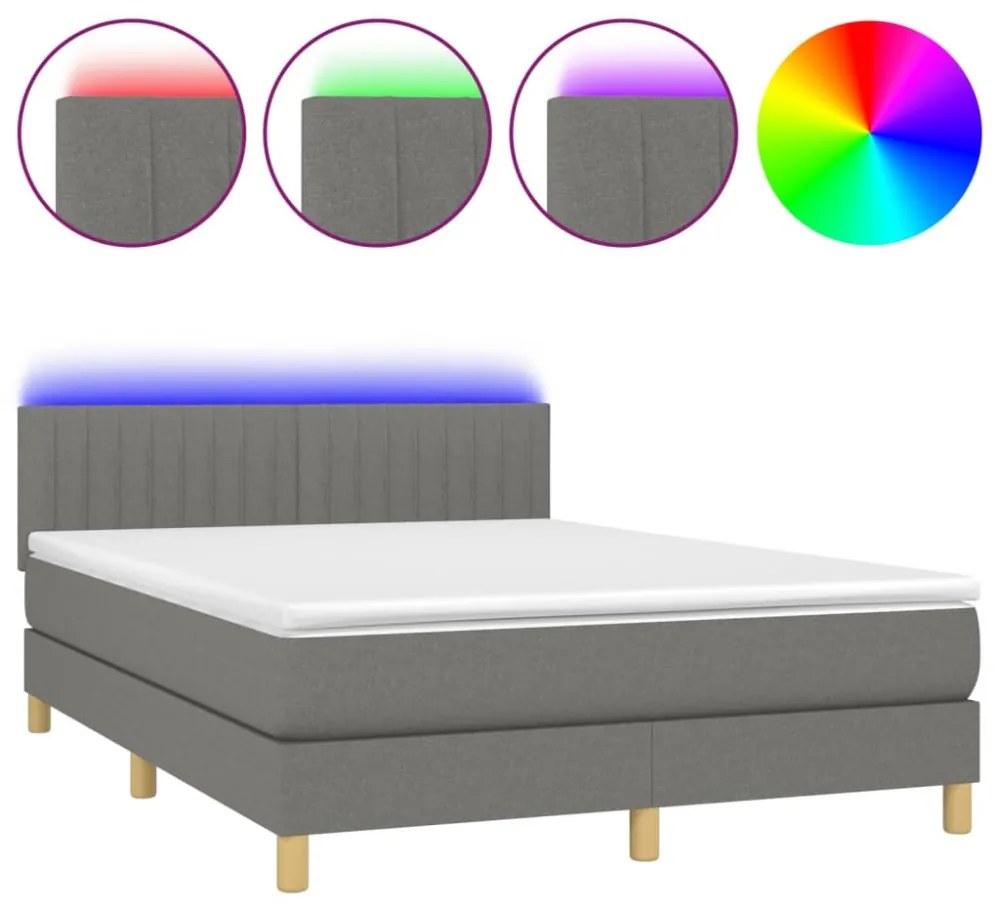 sötétszürke szövet rugós és LED-es ágy matraccal 140x190 cm