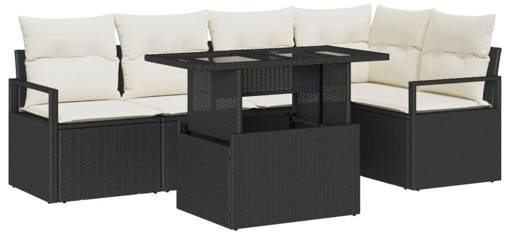 6 Részes Kerti Kanapé Garnitúra Párnákkal Fekete Poli Rattan, 2-Fős Kerti Kanapé Tárolóval és Párnákkal Fekete Poli Rattan