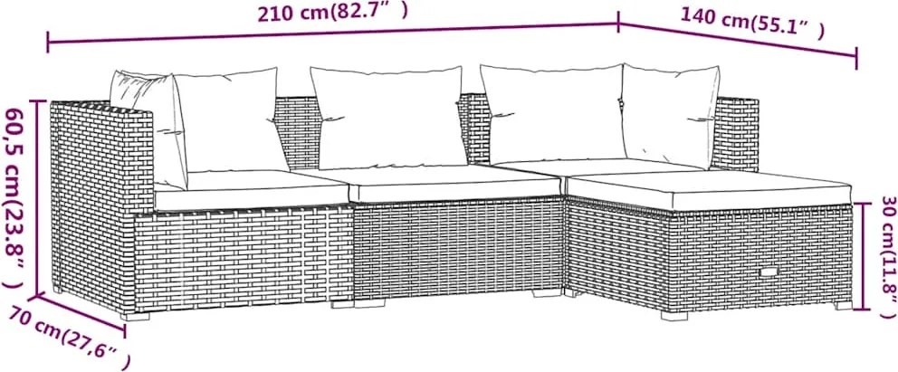 4 részes fekete polyrattan kerti ülőgarnitúra párnákkal