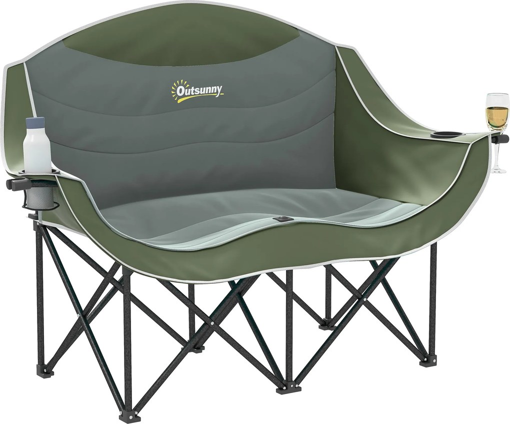 Outsunny két személyes összecsukható kempingszék pohártartóval és hordtáskával — párnázott dupla ülés, max. 250 kg | Aosom