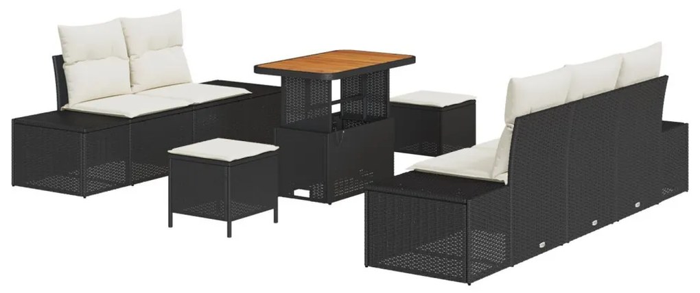 8 db-os kerti kanapé szett párnákkal fekete poli rattan akáccal, 2 fős kerti kanapé tárolóval és párnákkal fekete poli rattan, 3 részes kerti étkező szett párnákkal fekete poli rattan akáccal