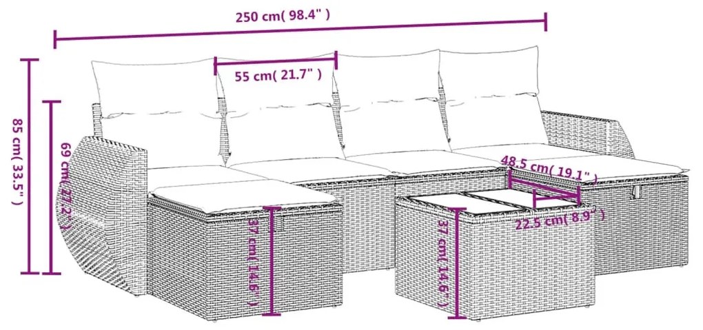 6 részes vegyes bézs polyrattan kerti ülőgarnitúra párnákkal