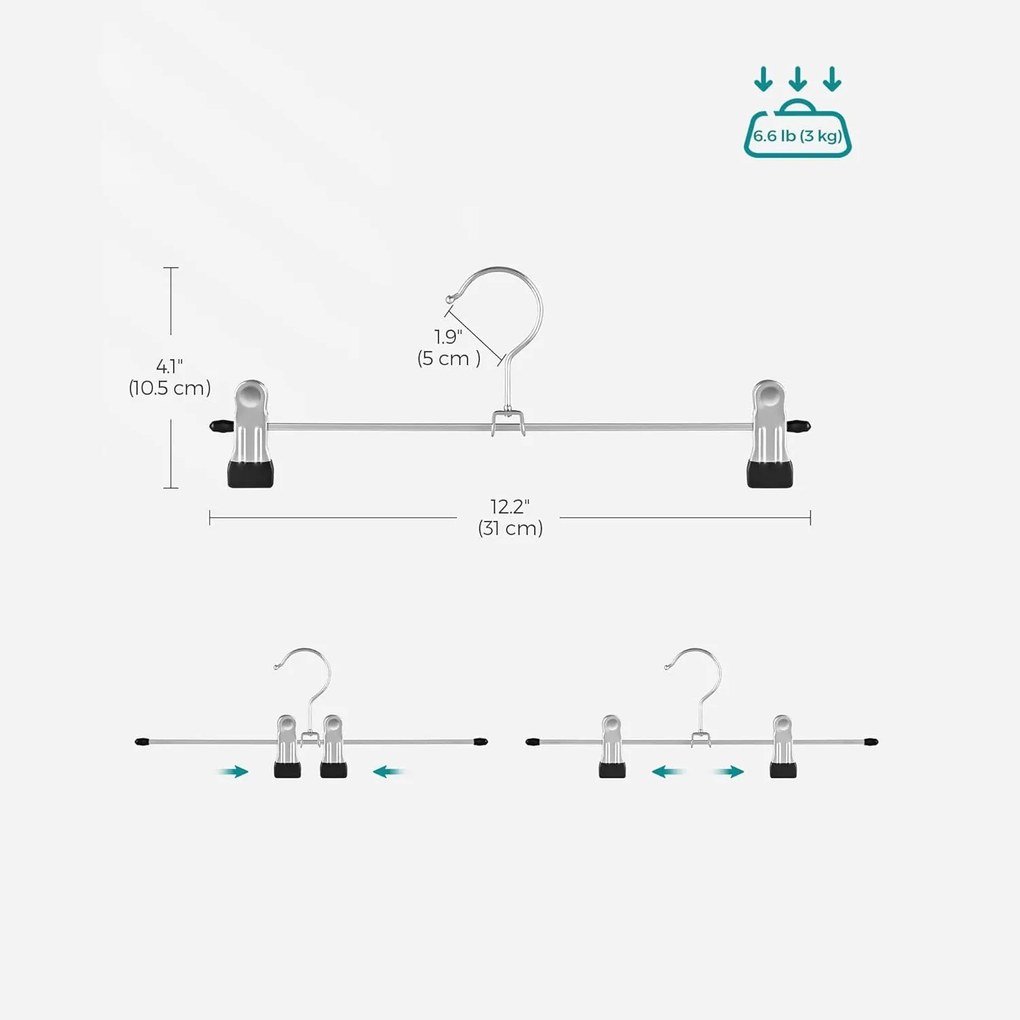 Fém nadrágfogasok 31 cm-es csúszásgátló ruhaakasztók, 20 darabos csomag