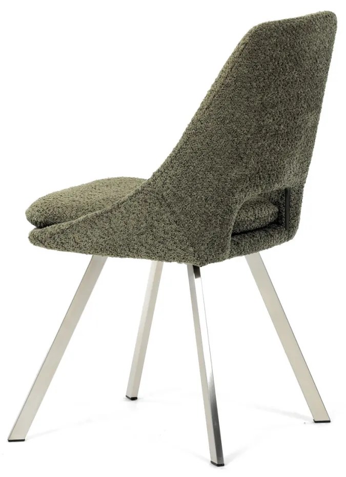 Scaun de sufragerie modern, tapițerie din material verde, picioare metalice, oțel inoxidabil periat.