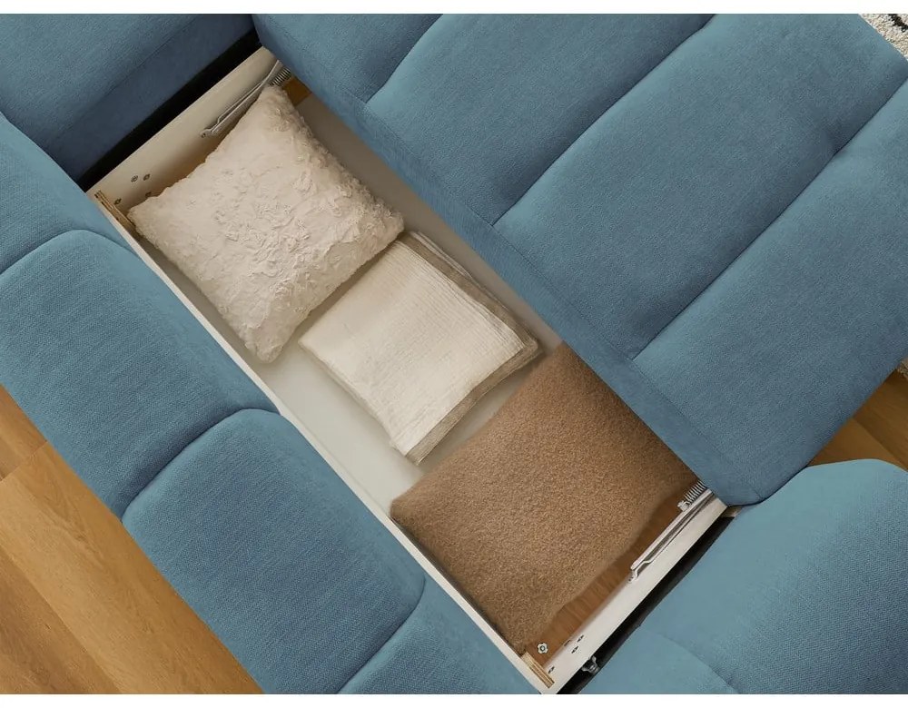 Kék kinyitható-tárolóhelyes sarokkanapé (jobb oldali-heverő résszel) Fuji – Bobochic Paris