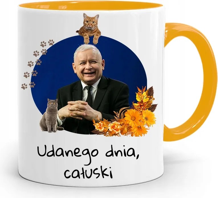 Sárga Vicces Bögre Jaroslaw Kaczynski felirattal, fényképpel