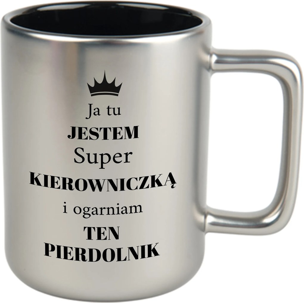 Bögre Matt Ezüst Fekete Belső 360ml Vicces Kütyü Szuper Kormányzó