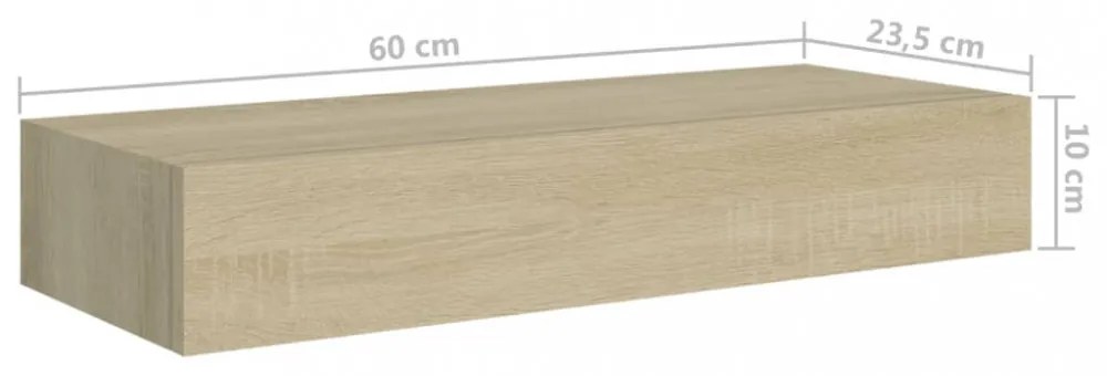 2 db tölgyszínű MDF falra szerelhető fiókos polc 60x23,5x10 cm