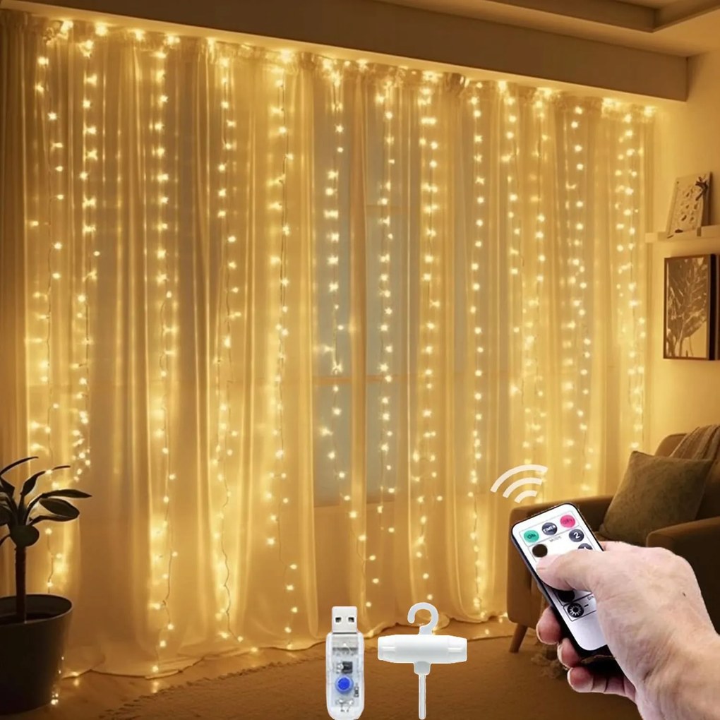 Fényfüggöny 300LED karácsonyfa fényfüzér 3x3m ablakra meleg fehér