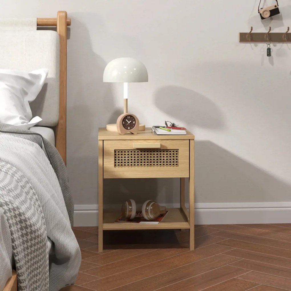 HOMCOM Éjjeliszekrény, fiókos lerakóasztal, MDF 40 x 40 x 48,4 cm, natúr fa