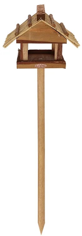 Leszúrható fa madáretető, szalma tetővel, 113 cm