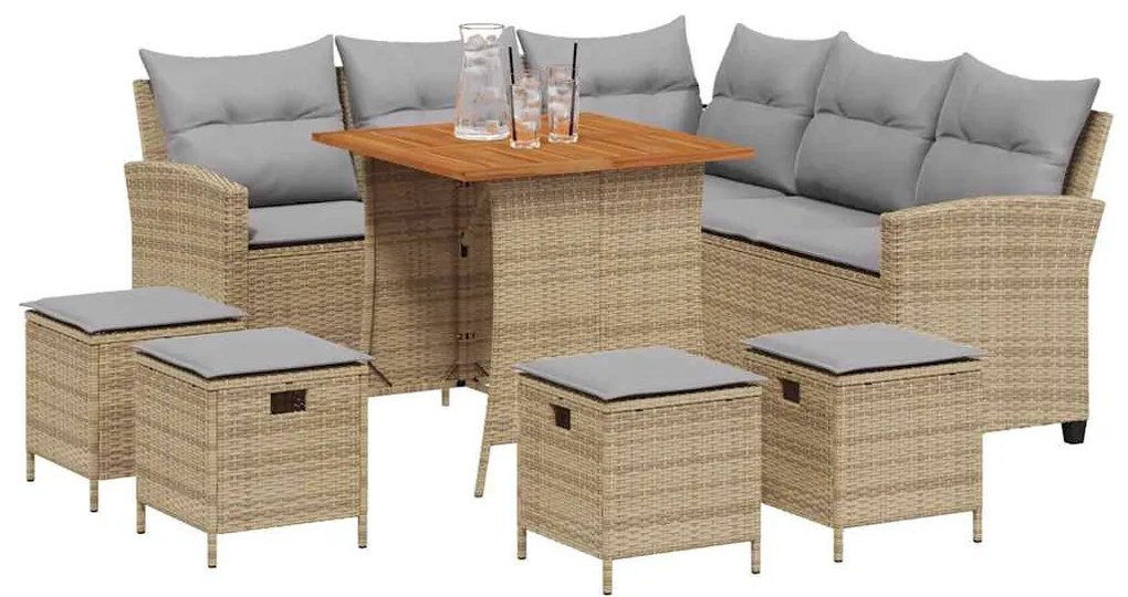 6 részes bézs polyrattan kerti ülőgarnitúra párnákkal L-alakú