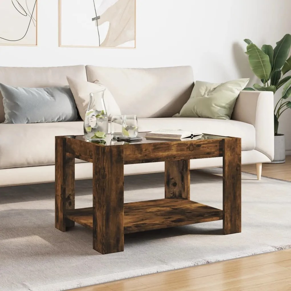 Füstös tölgy szerelt fa dohányzóasztal LED-del 73 x 53 x 45 cm
