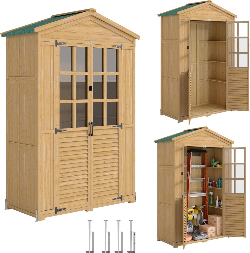 Outsunny fenyő kerti tárolószekrény polcokkal és akril ablakokkal, lejtős bitumenes tető, zárható ajtók — 128 x 57,5 x 197 cm, világosbarna | Aosom
