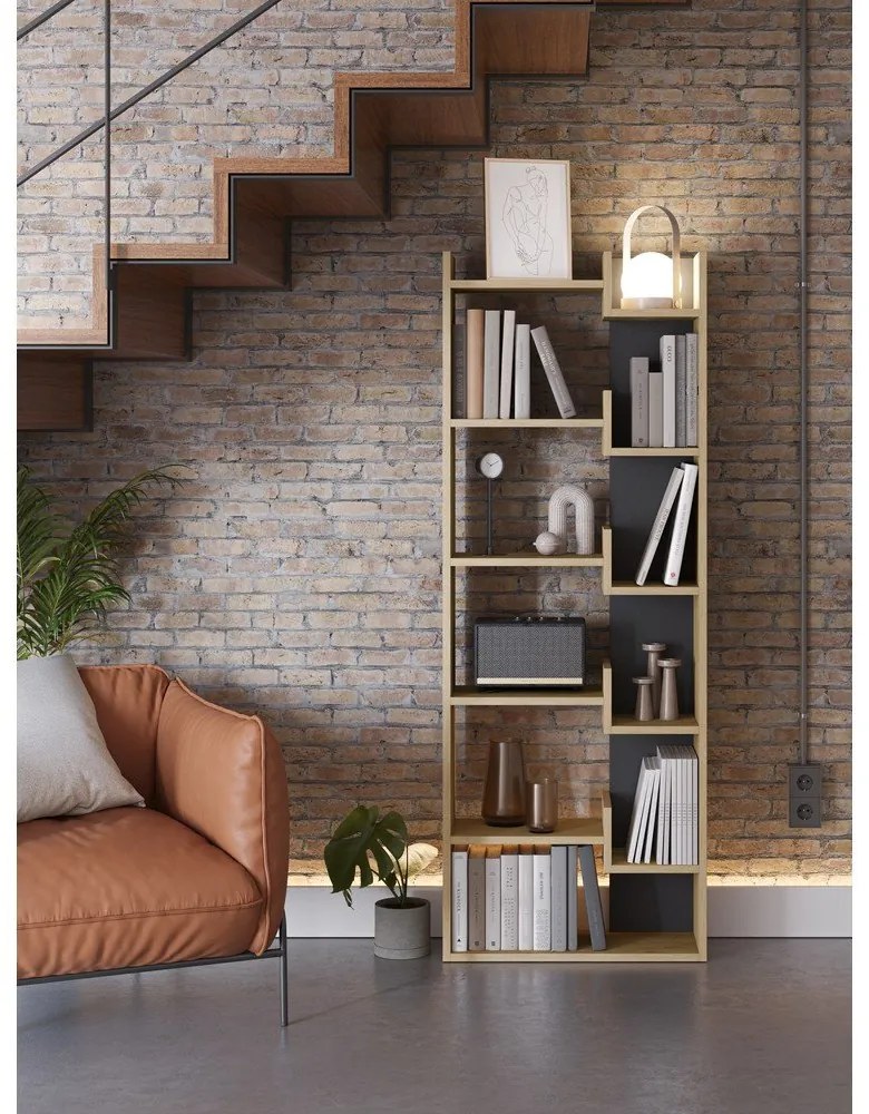 Fekete-natúr színű könyvespolc tölgyfa dekorral 60,5x162 cm Klapo – Marckeric