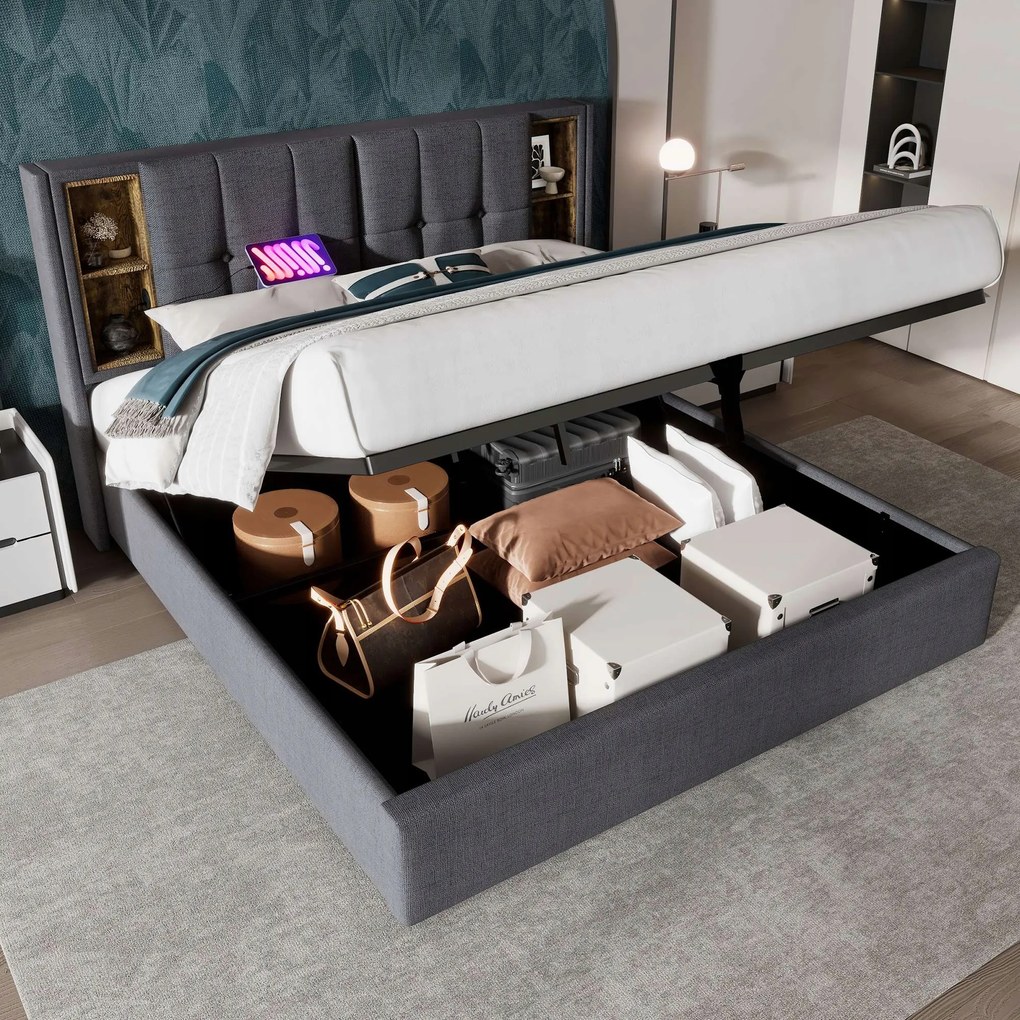 Franciaágy Kárpitozott ágy Hidraulikus Usb Type-C 140x200cm+Matrac